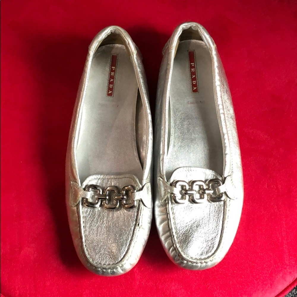 Prada silver metallic driving moccasins